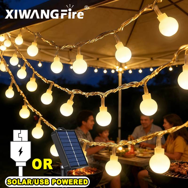 Outdoor Camping Tent Waterproof - Lampu String Tenaga Surya/USB/Baterai 3-10M, Bola